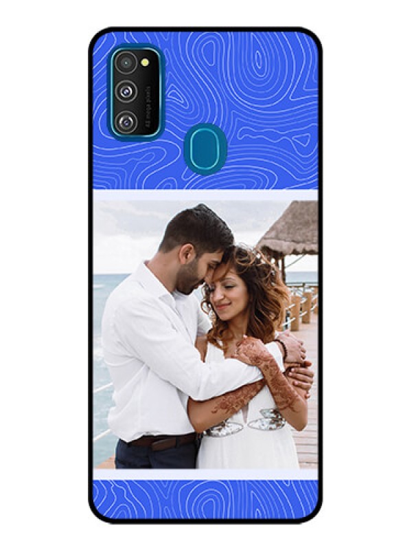 Custom Galaxy M21 Custom Metal Phone Case - Curved Line Art With Blue And White Design
