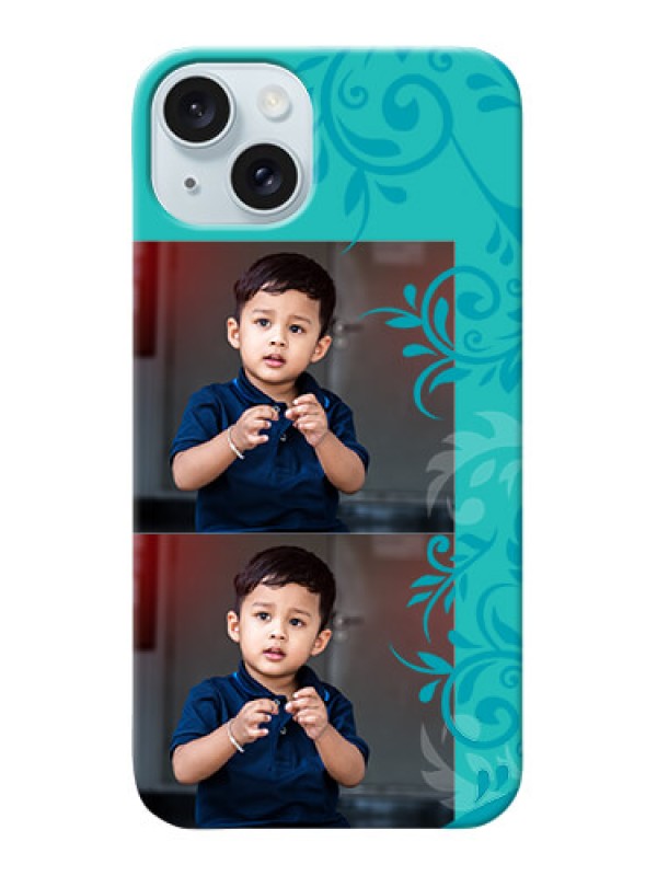 Custom iPhone 15 Plus Mobile Cases with Photo and Green Floral Design