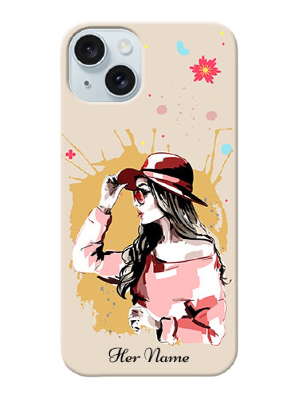 Custom iPhone 15 Plus Photo Printing on Case with Women with pink hat Design