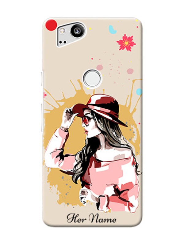 Custom Pixel 2 Back Covers: Women with pink hat Design