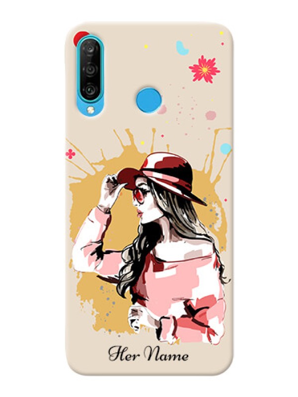 Custom P30 Lite Back Covers: Women with pink hat Design
