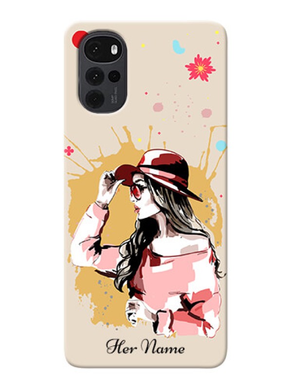 Custom Moto G22 Back Covers: Women with pink hat Design