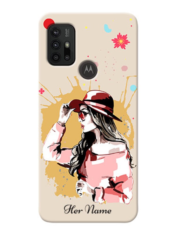 Custom Moto G30 Back Covers: Women with pink hat Design