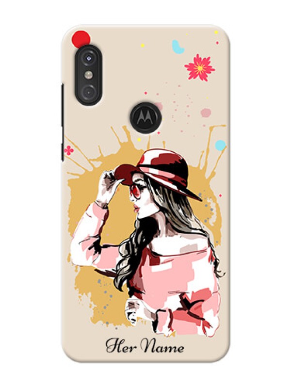 Custom Moto One Power Back Covers: Women with pink hat Design