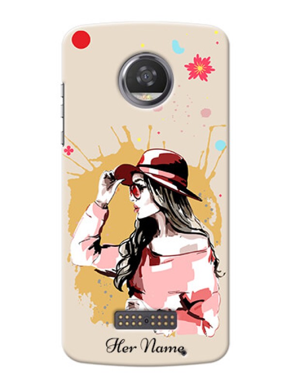 Custom Moto Z2 Play Back Covers: Women with pink hat Design