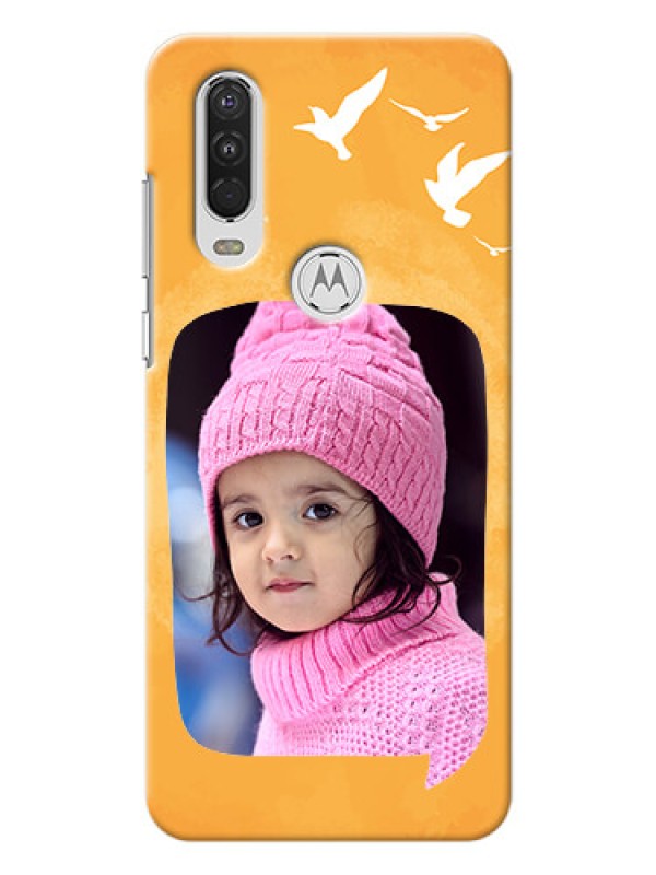 Custom Motorola One Action Phone Covers: Water Color Design with Bird Icons