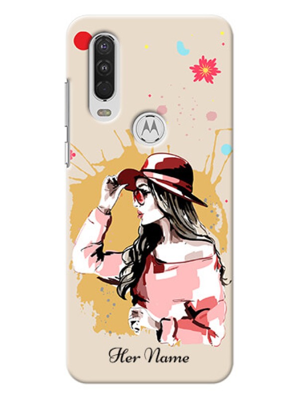 Custom Motorola One Action Back Covers: Women with pink hat Design