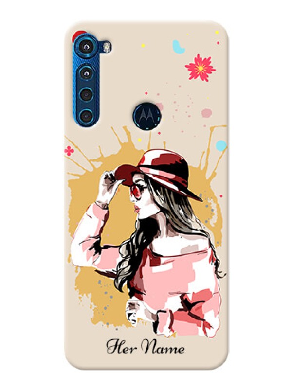 Custom Motorola One Fusion Plus Back Covers: Women with pink hat Design