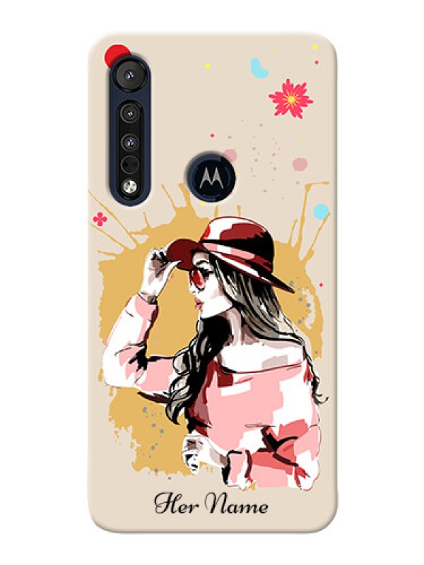 Custom Motorola One Macro Back Covers: Women with pink hat Design