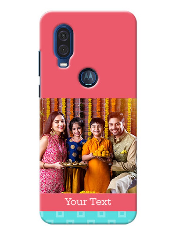 Custom Motorola One Vision Mobile Back Covers: Peach & Blue Color Design