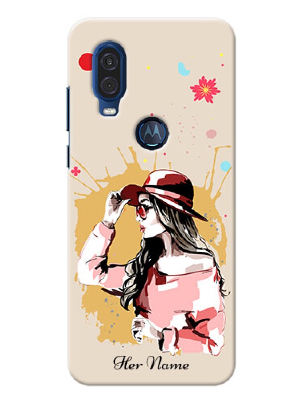 Custom Motorola One Vision Back Covers: Women with pink hat Design