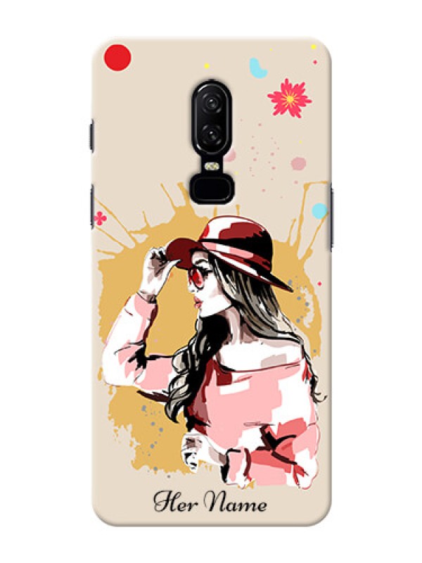 Custom OnePlus 6 Back Covers: Women with pink hat Design
