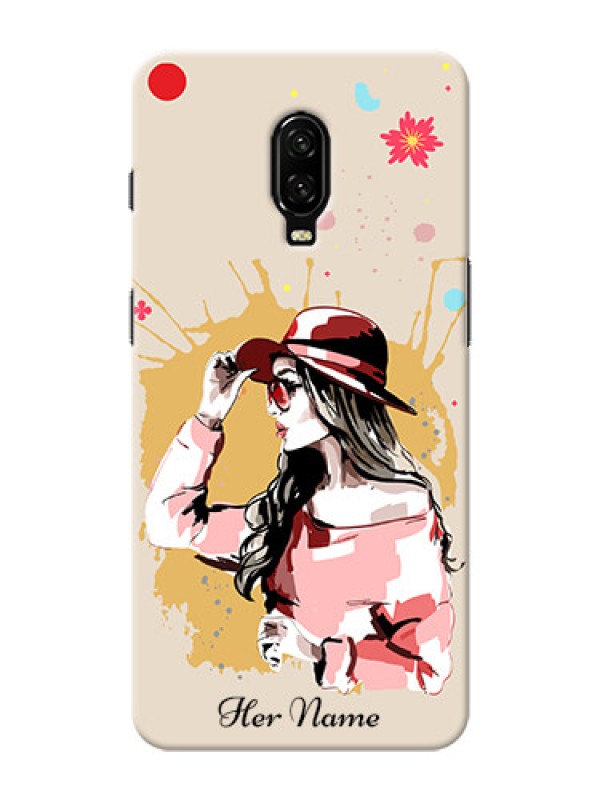 Custom OnePlus 6T Back Covers: Women with pink hat Design
