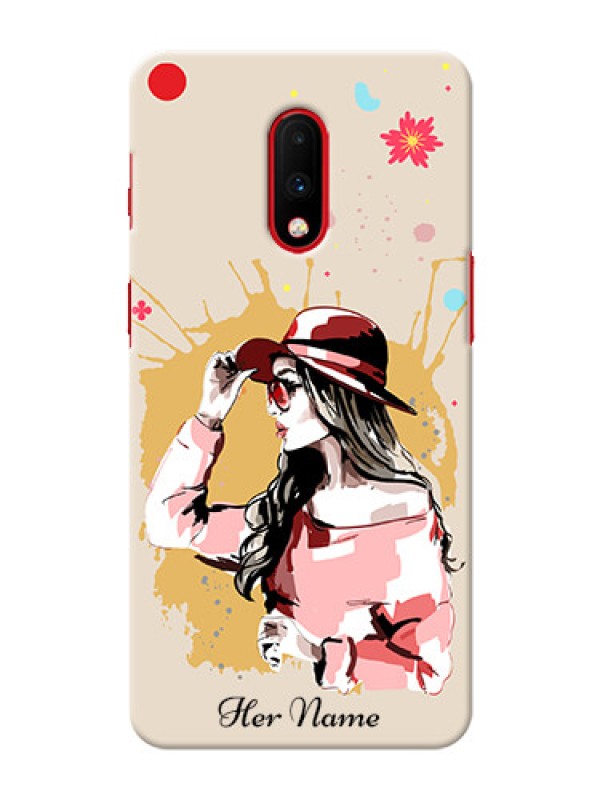 Custom OnePlus 7 Back Covers: Women with pink hat Design