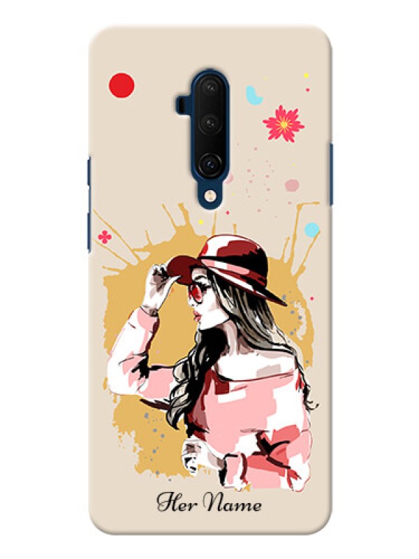 Custom OnePlus 7T Pro Back Covers: Women with pink hat Design