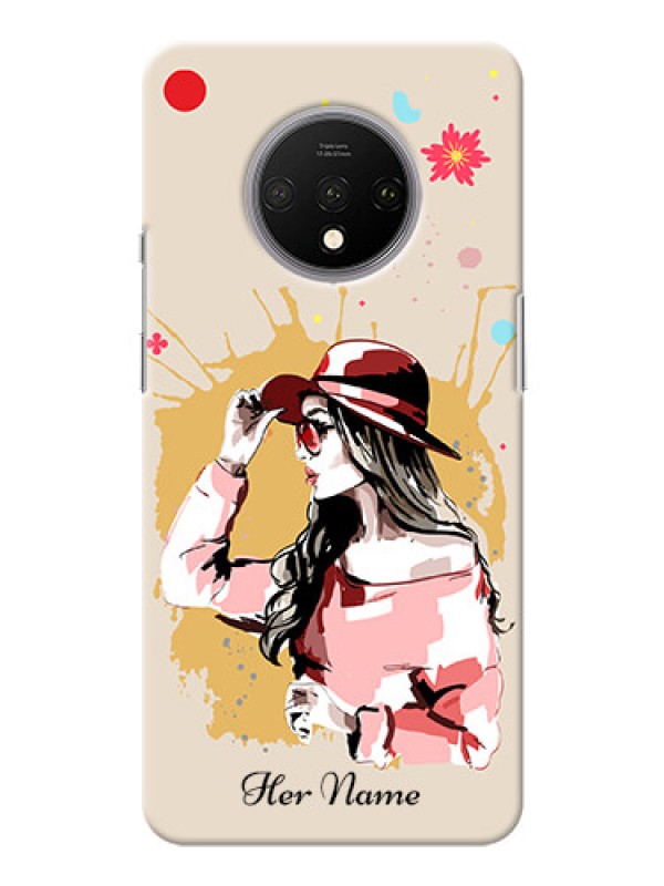Custom OnePlus 7T Back Covers: Women with pink hat Design