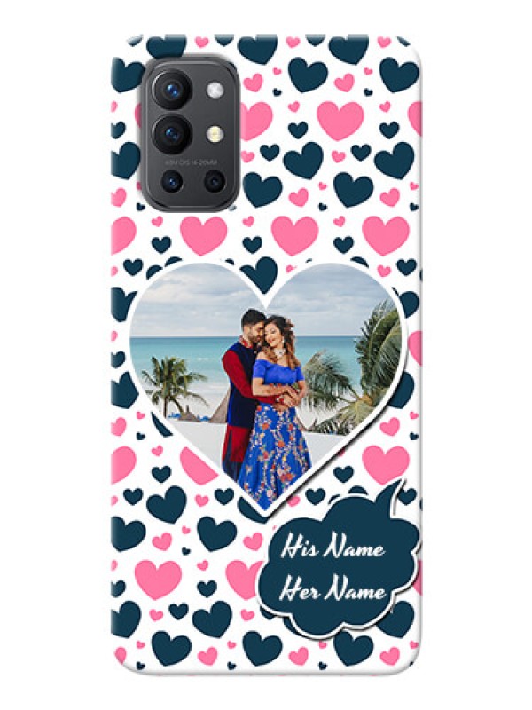 Custom OnePlus 9R 5G Mobile Covers Online: Pink & Blue Heart Design