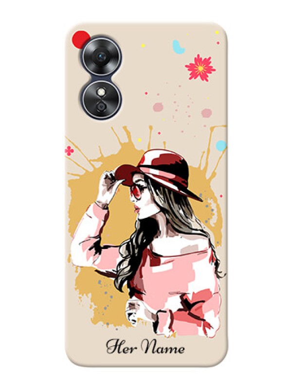 Custom Oppo A17 Back Covers: Women with pink hat Design