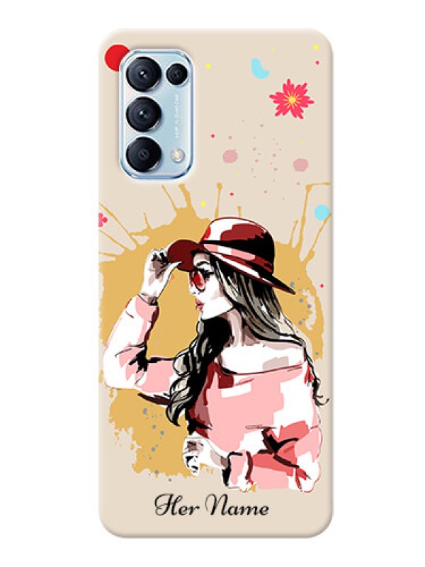 Custom Reno 5 Pro Back Covers: Women with pink hat Design