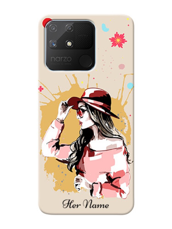 Custom Realme Narzo 50A Back Covers: Women with pink hat Design