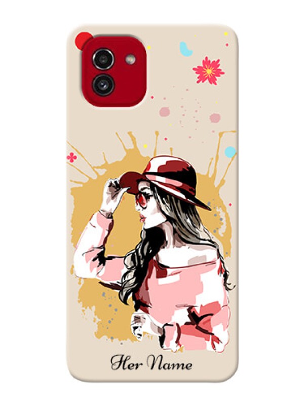 Custom Galaxy A03 Back Covers: Women with pink hat  Design