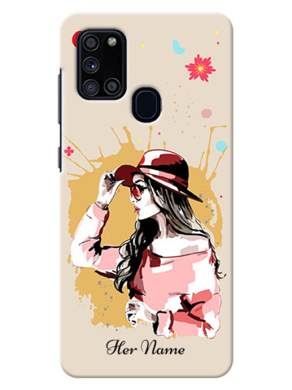 Custom Galaxy A21S Back Covers: Women with pink hat  Design