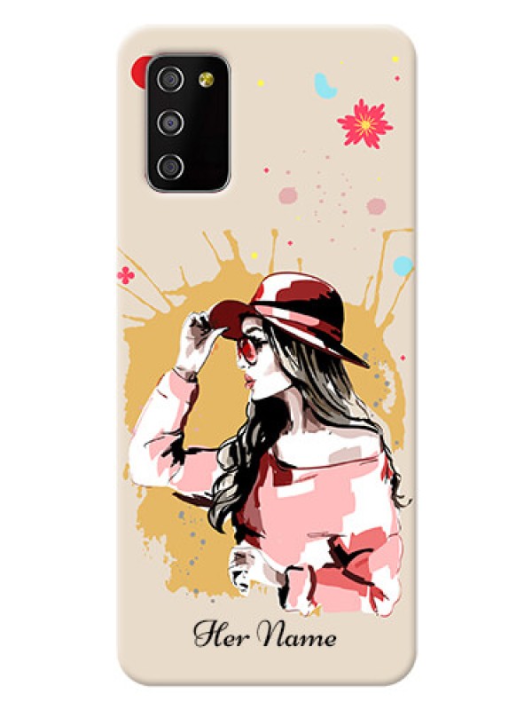 Custom Galaxy F02S Back Covers: Women with pink hat  Design