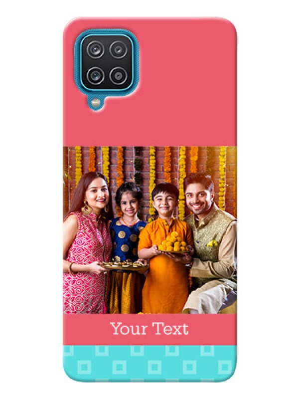 Custom Galaxy F12 Mobile Back Covers: Peach & Blue Color Design