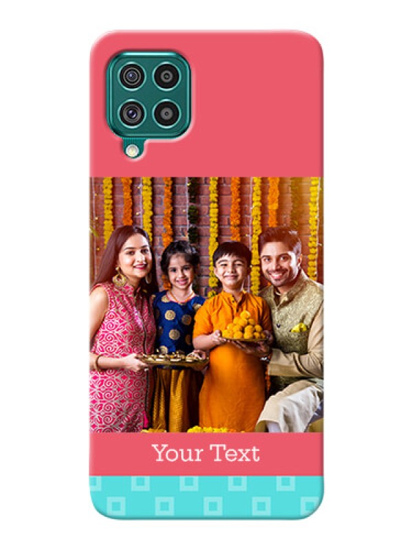 Custom Galaxy F62 Mobile Back Covers: Peach & Blue Color Design