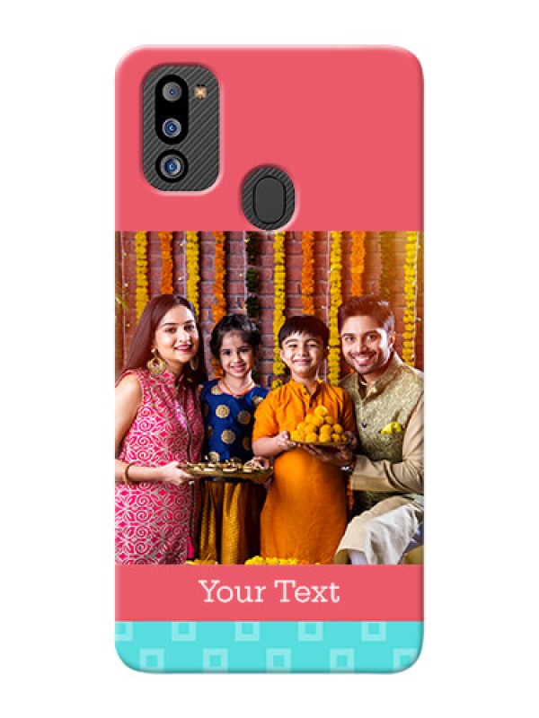 Custom Galaxy M21 2021 Edition Mobile Back Covers: Peach & Blue Color Design