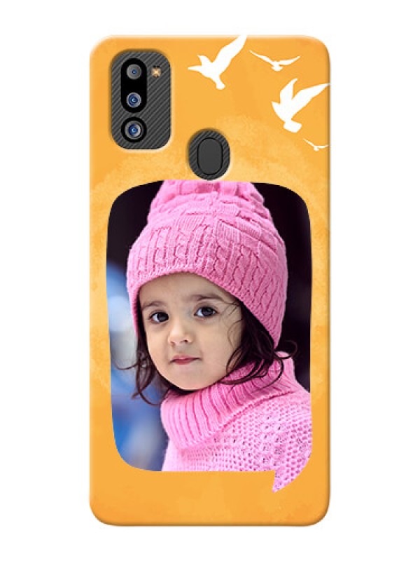 Custom Galaxy M21 2021 Edition Phone Covers: Water Color Design with Bird Icons