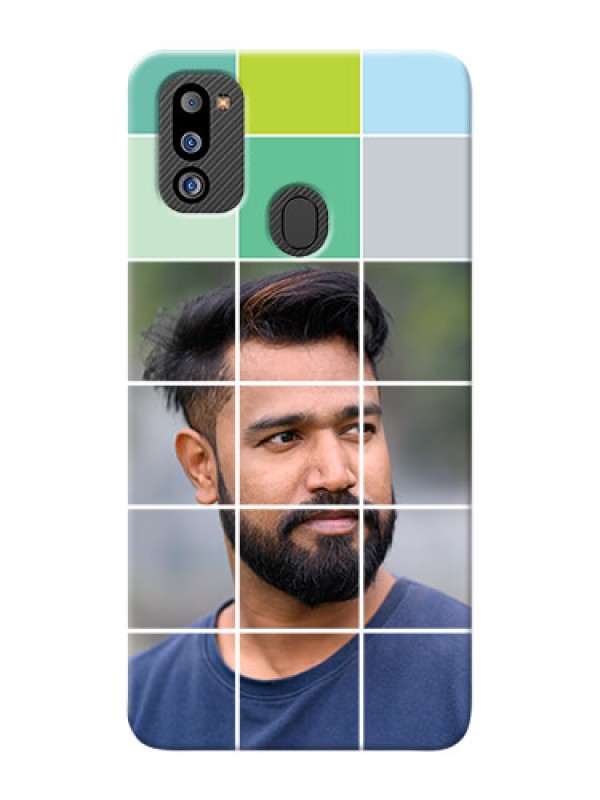 Custom Galaxy M21 2021 Edition personalised phone covers with white box pattern 