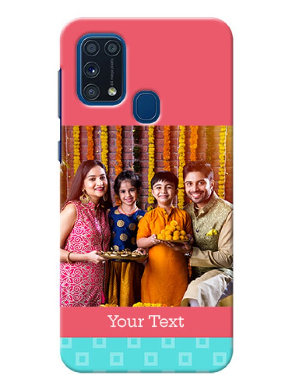 Custom Galaxy M31 Mobile Back Covers: Peach & Blue Color Design