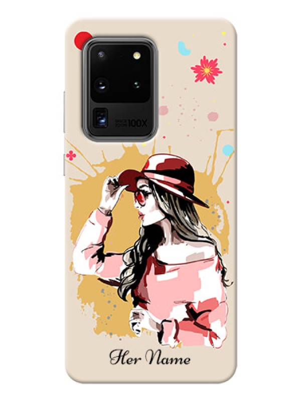 Custom Galaxy S20 Ultra Back Covers: Women with pink hat  Design