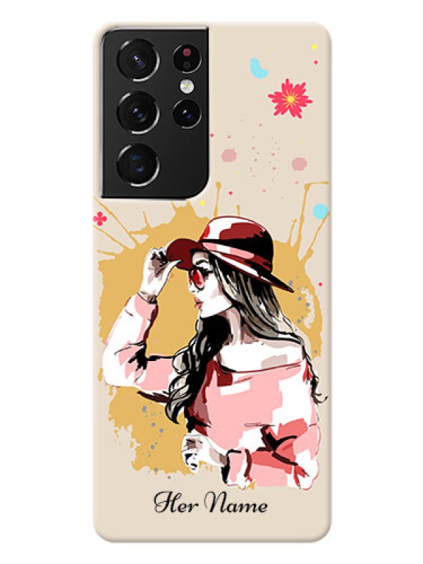 Custom Galaxy S21 Ultra Back Covers: Women with pink hat  Design