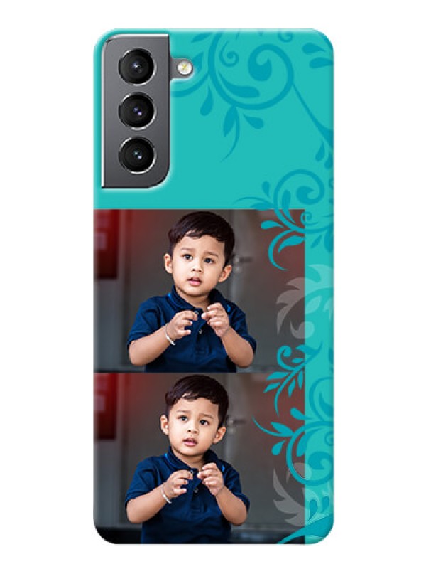 Custom Galaxy S21 Mobile Cases with Photo and Green Floral Design 