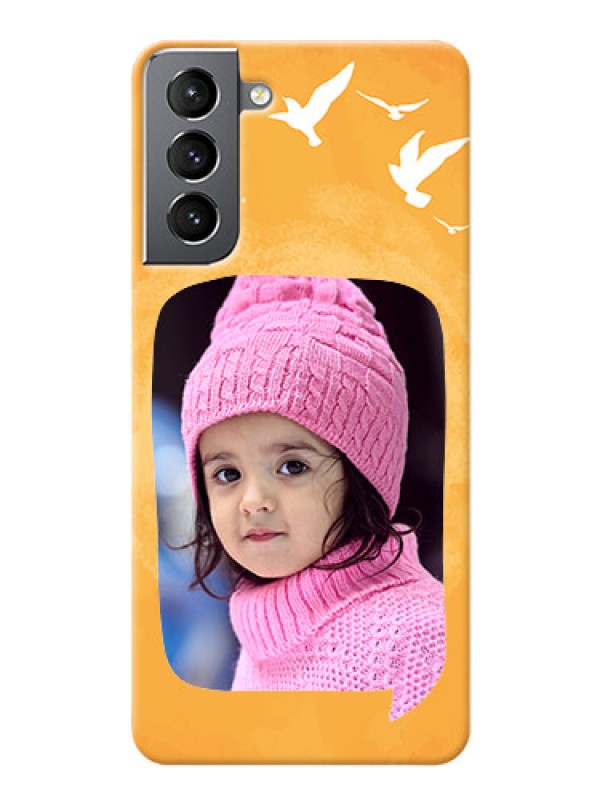 Custom Galaxy S21 Phone Covers: Water Color Design with Bird Icons