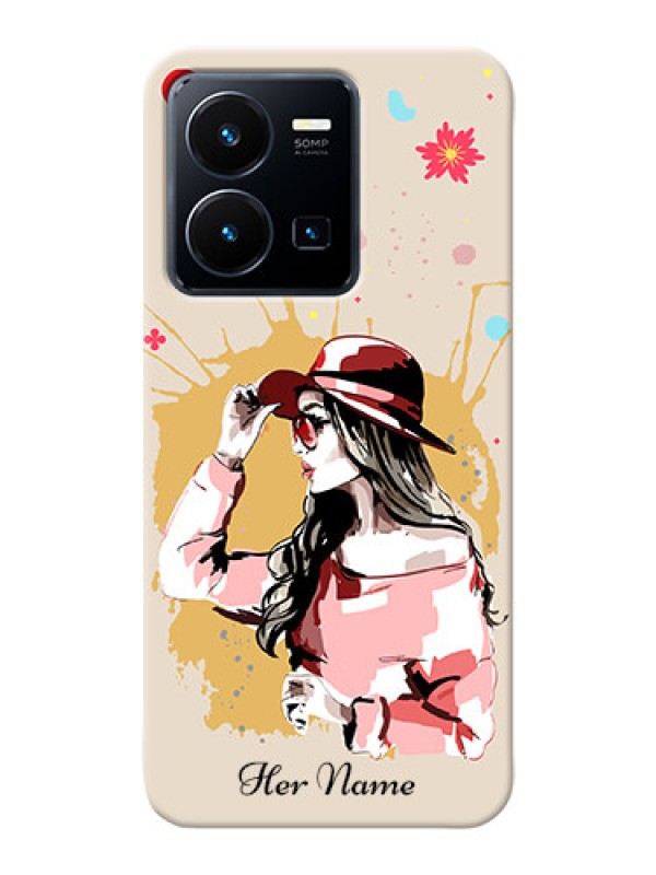 Custom Vivo Y35 2022 Back Covers: Women with pink hat Design
