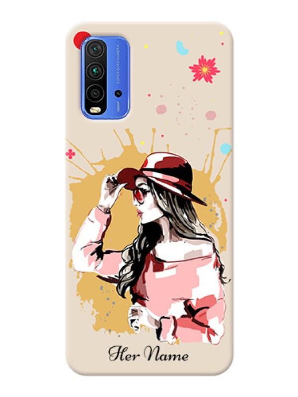 Custom Redmi 9 Power Back Covers: Women with pink hat Design