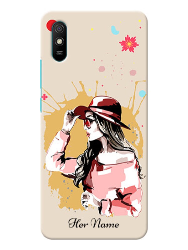 Custom Redmi 9A Back Covers: Women with pink hat Design