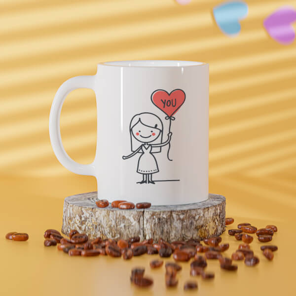Custom Girl Holding A Love Balloon Design On Mug