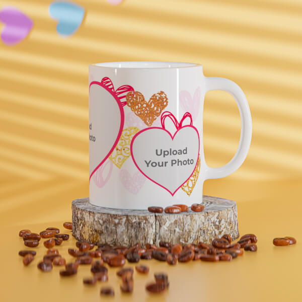 Custom 3 Heart Symbols Pic Upload With Golden Love Symbols Background Design On Mug