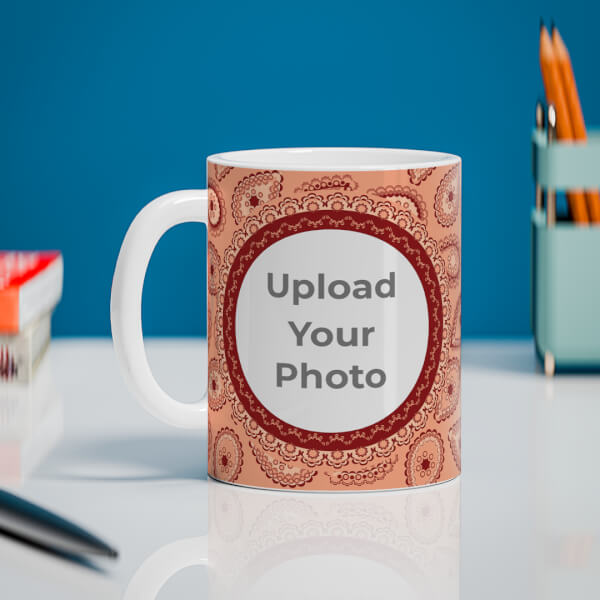 Custom Pattern Background With Two Oval Shaped Pic Upload Design On Mug