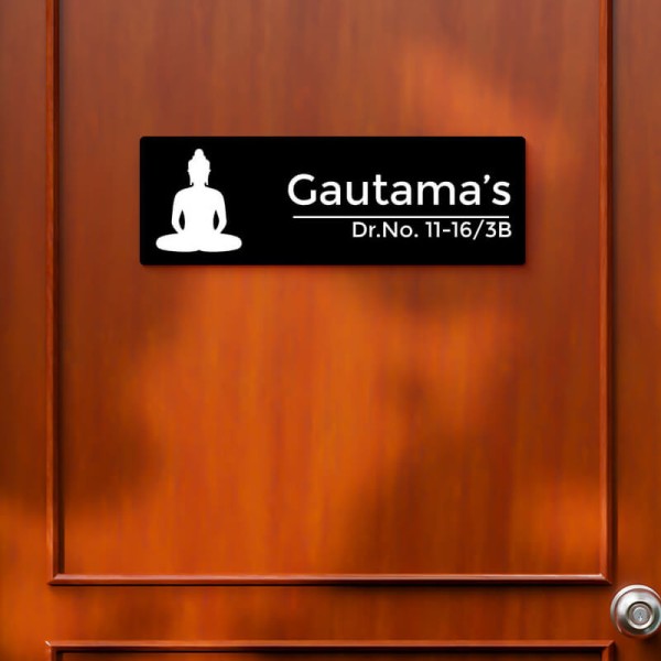 Custom Rectangular Buddha Design Black Color Nameplate