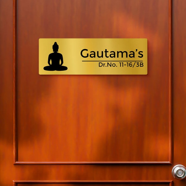 Custom Rectangular Buddha Design Gold Color Nameplate