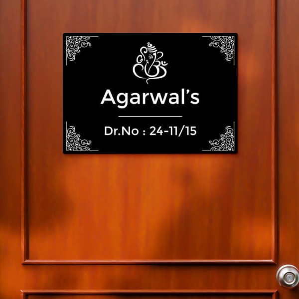 Custom Lord Ganesha Floral Patterned Design Black Color Nameplate