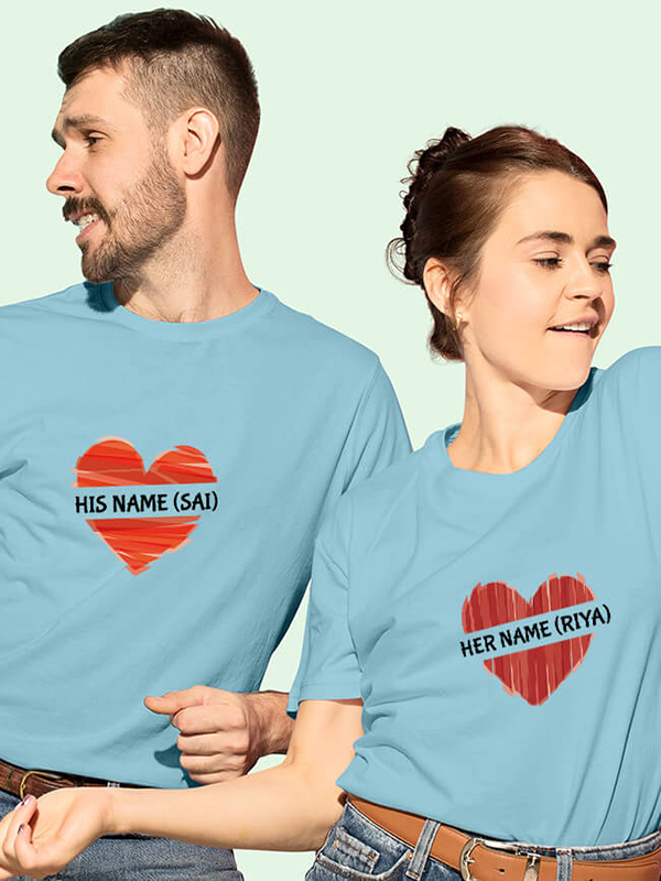 Custom His And Her Name Love Shape Couples T Shirt