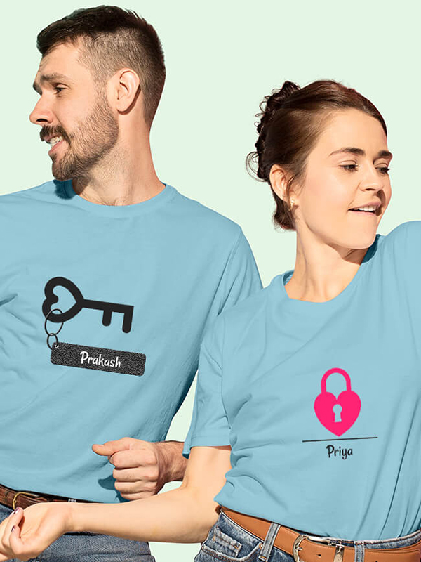 Custom Romantic Heart Lock And Key Couples T Shirt