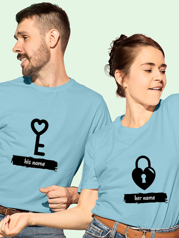 Custom Romantic Heart Lock And Vertical Key Couples T Shirt