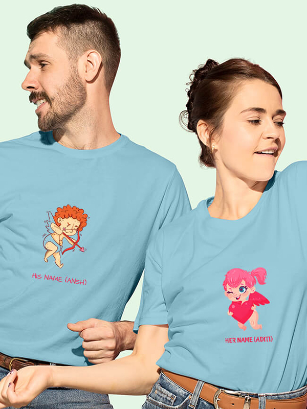 Custom Cupid Shooting Arrow Couples T Shirt